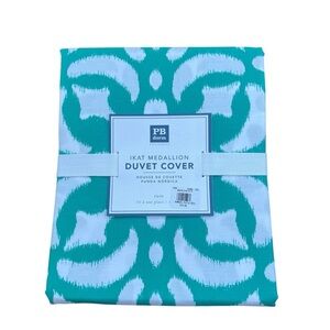 Pottery Barn Ikat Medallion Duvet Cover Twin Green White Cotton Modern Teen Dorm